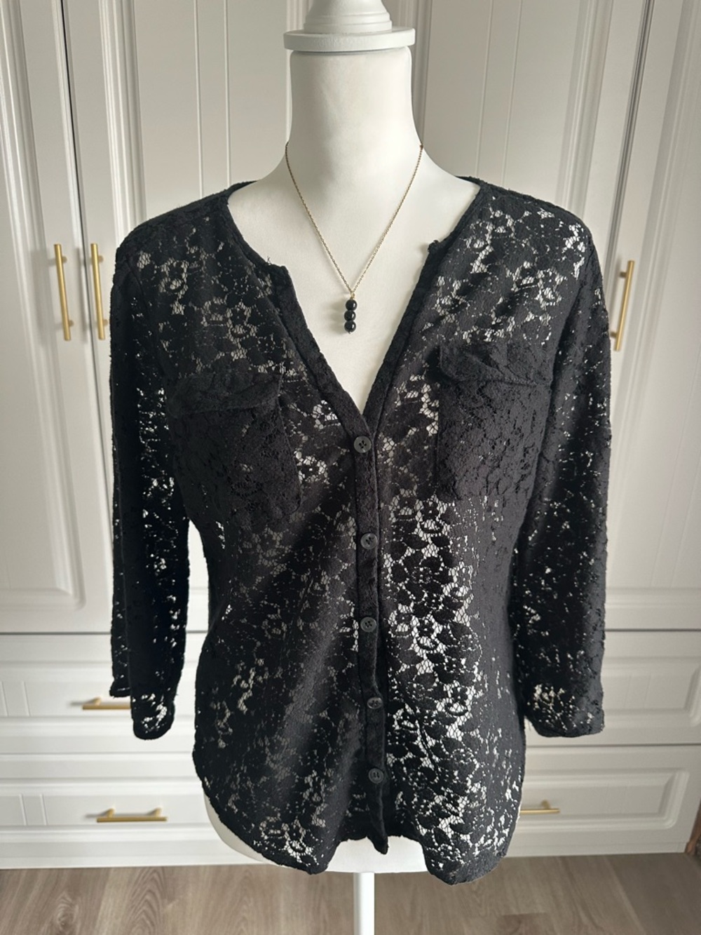 New York & Company Ladies Medium Black Lace Button-Front Women’s Top